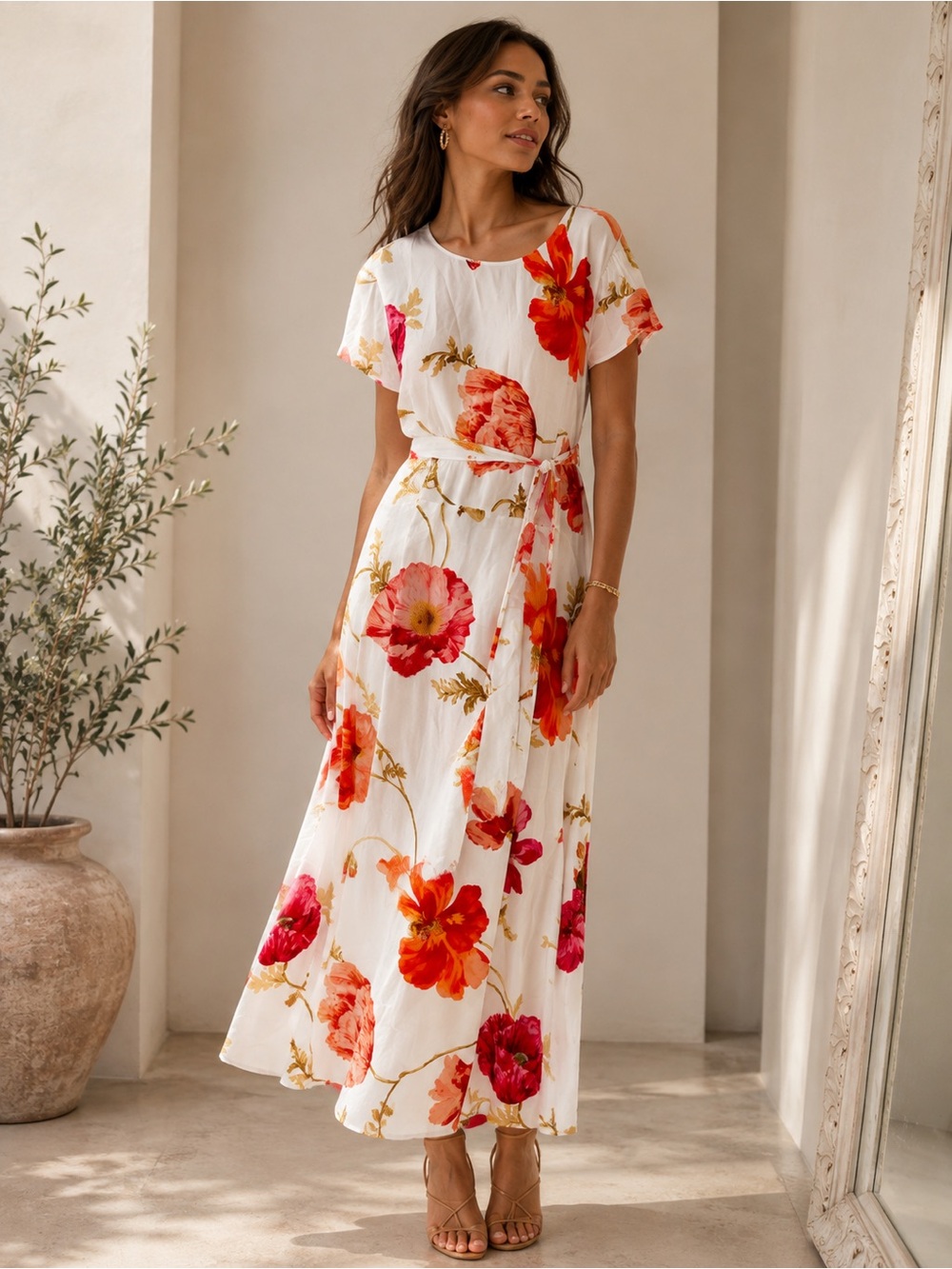 Reiss Floral-Print Belted Midi Dress in Ivory/Pink Floral on White Size 10 DL1 - Picture 4 of 13